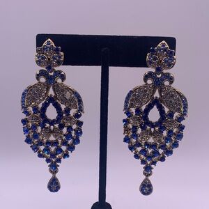 Elegant Gold w/Blue & White Rhinestones Statement Earrings